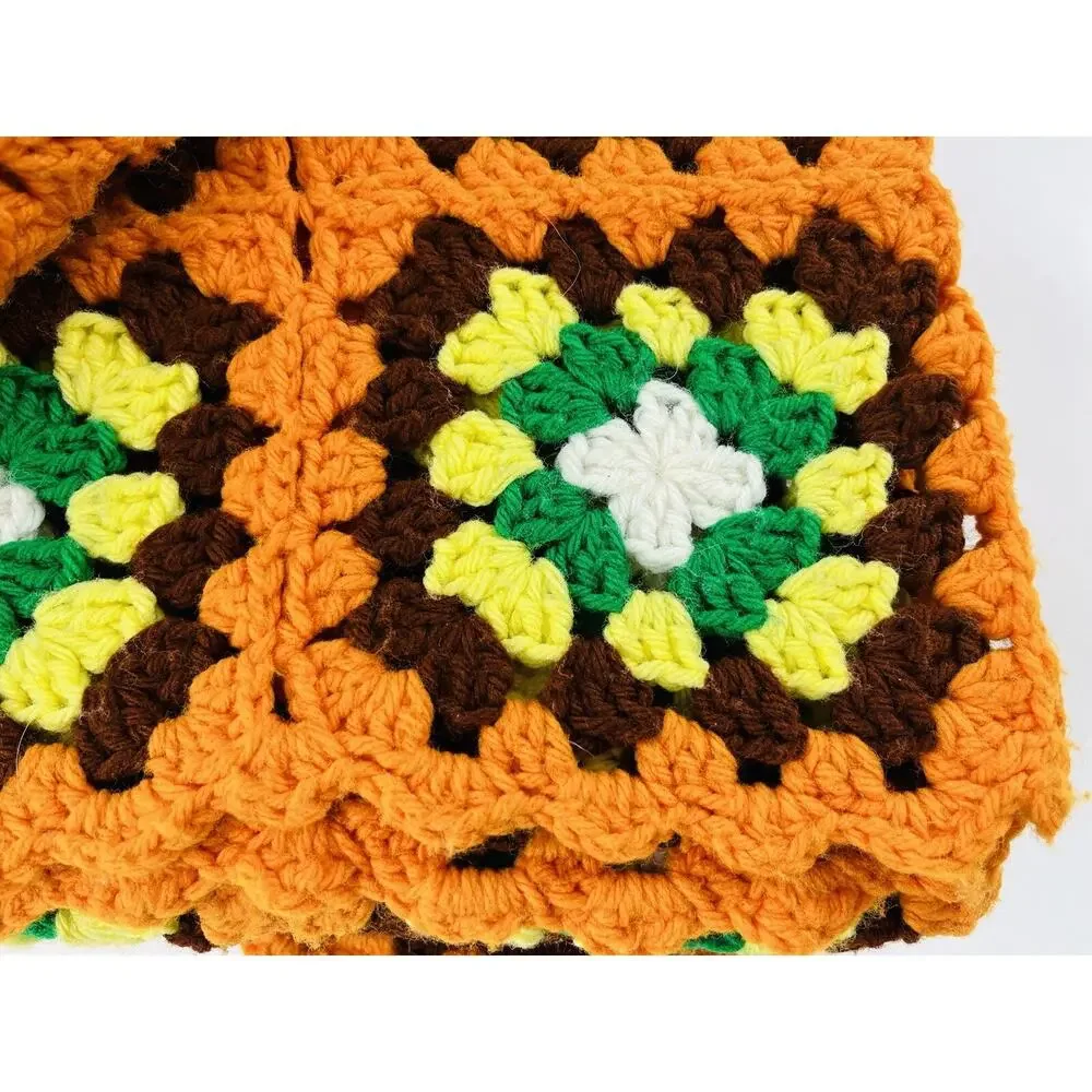 Vintage Crochet Granny Square Afghan Blanket Green Orange Brown Retro 70s Hippie